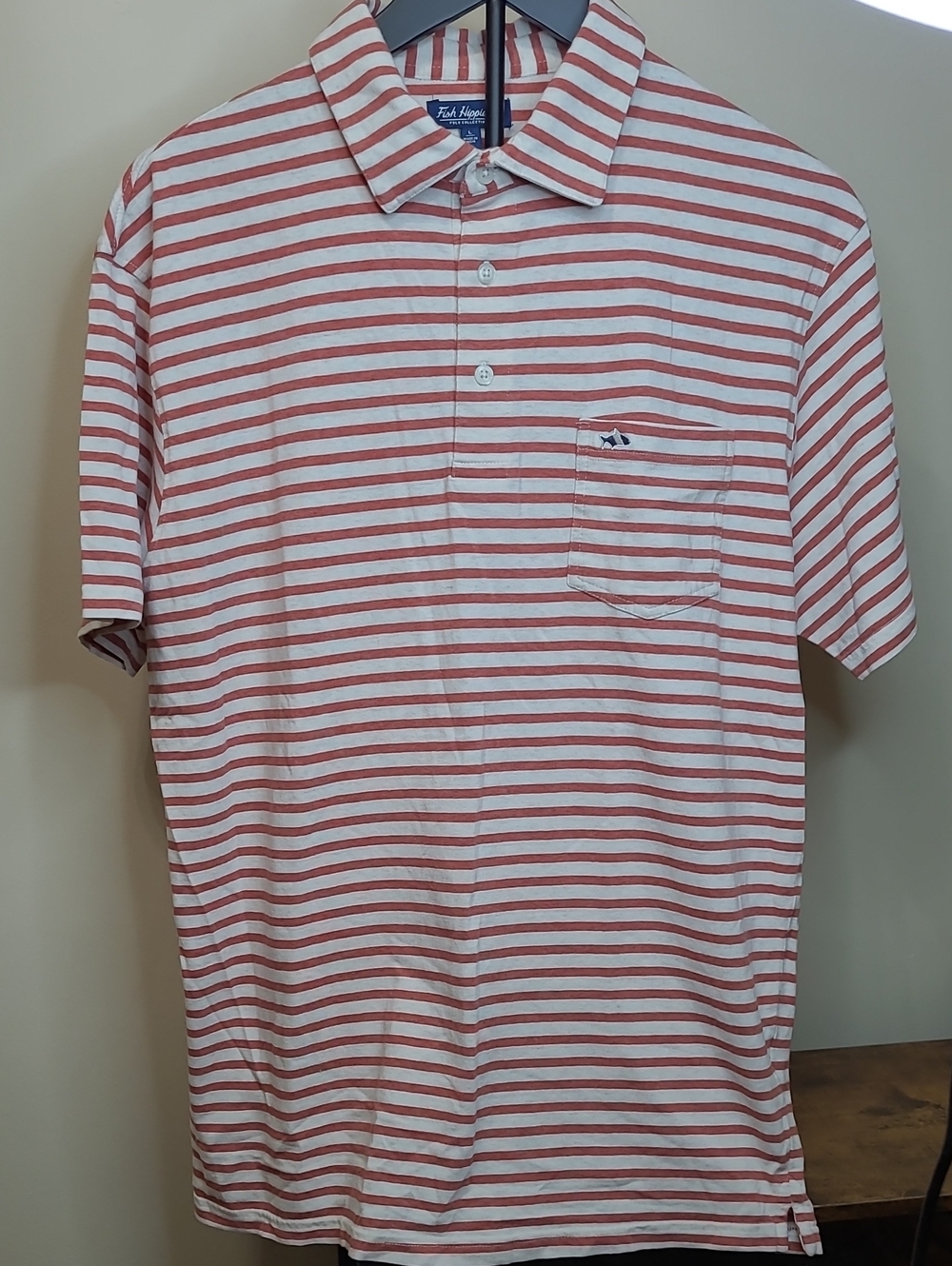 Fish Hippie Rust & Cream Striped Cotton Polo Shirt with Chest Pocket size Large